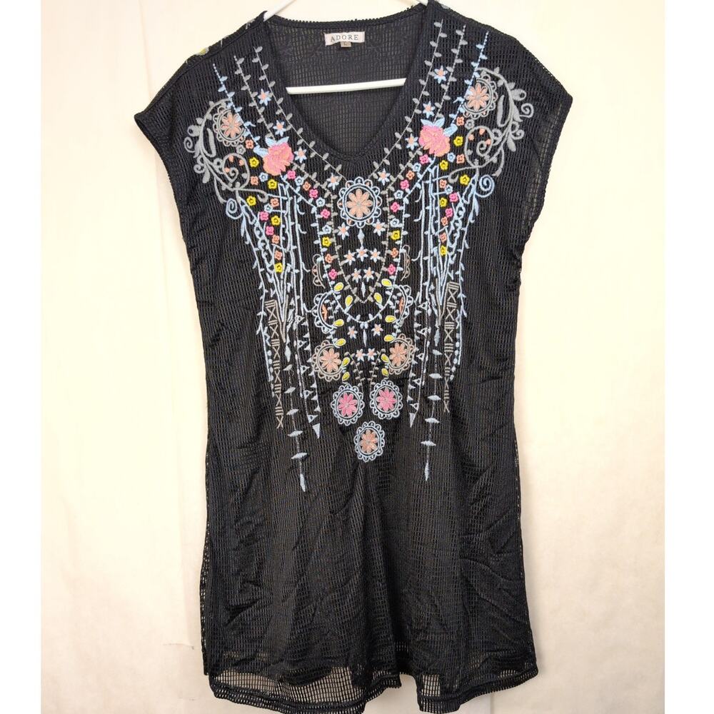 Adore embroidered floral black mesh dress coverup Size Large Boho Retro Hippie